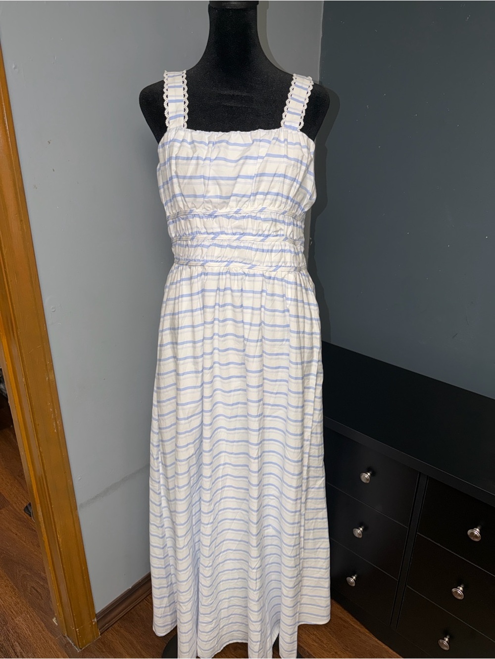 Altar'd State White and Light Blue Striped Maxi Dress